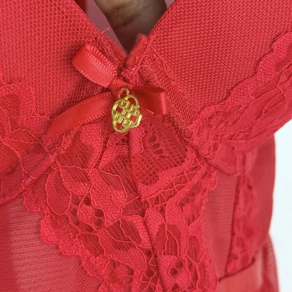 Daisy Fuentes Babydoll Red Chiffon Lace Size M Lingerie Festival Slip Dress Sexy